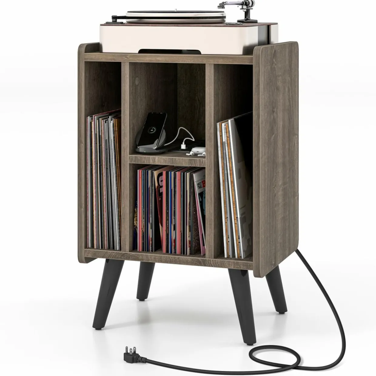 Tangkula Record Player Stand w/Charging Station & USB Ports, Nightstand Sofa Side Table, 27" H