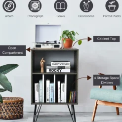 Tangkula Record Player Stand, Turntable Stand with Metal Legs, Vinyl Record Storage Cabinet w/ 5 Open Shelves Holds