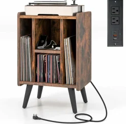 Tangkula Record Player Stand w/Charging Station & USB Ports, Nightstand Sofa Side Table, 27