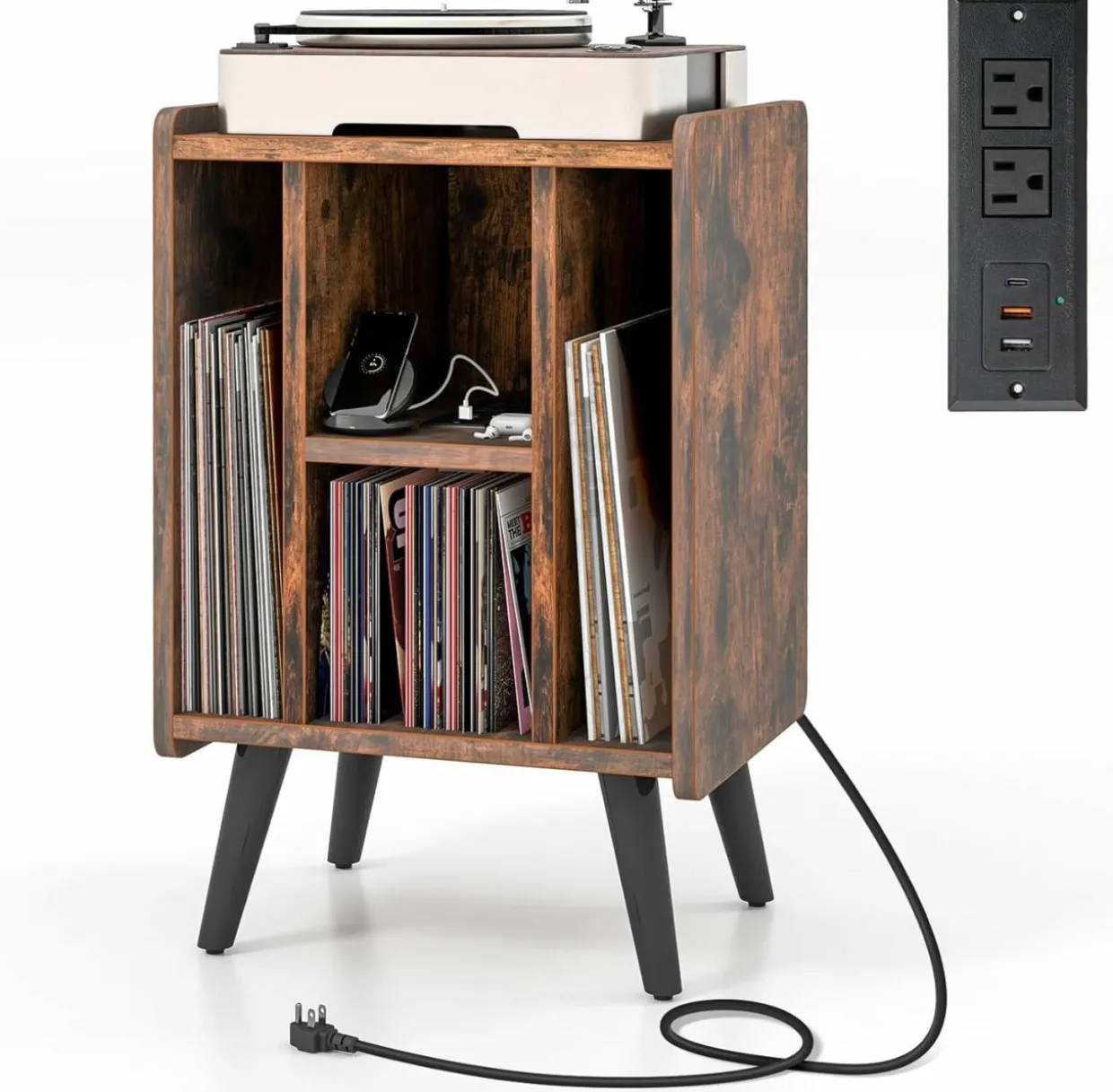 Tangkula Record Player Stand w/Charging Station & USB Ports, Nightstand Sofa Side Table, 27" H