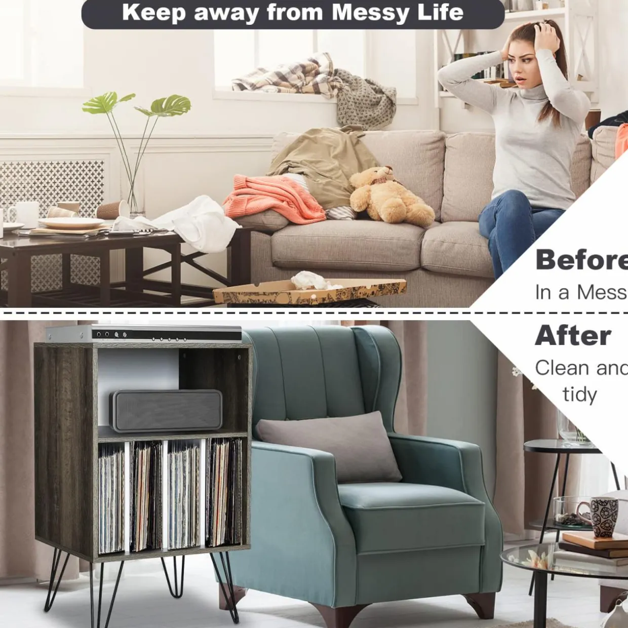 Tangkula Record Player Stand, Turntable Stand with Metal Legs, Vinyl Record Storage Cabinet w/ 5 Open Shelves Holds