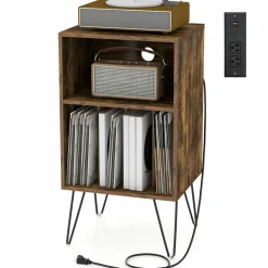 Tangkula Record Player Stand with Charging Station, Turntable Stand with Metal Legs, Vinyl Record Storage Cabinet