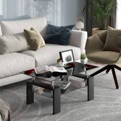 Tangkula Rectangle Glass Coffee Table, 2-Tier Tea Table w/Tempered Glass Tabletop & Stainless Steel Tube