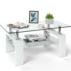 Tangkula Rectangle Glass Coffee Table, 2-Tier Tea Table w/Tempered Glass Tabletop & Stainless Steel Tube