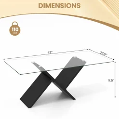 Tangkula Rectangle Glass Coffee Table, 47” Modern Center Table with Tempered Glass Tabletop & Geometric Rubber Wood Frame
