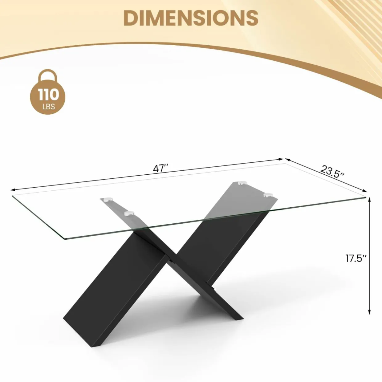 Tangkula Rectangle Glass Coffee Table, 47” Modern Center Table with Tempered Glass Tabletop & Geometric Rubber Wood Frame