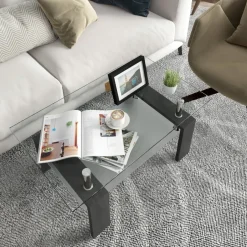 Tangkula Rectangle Glass Coffee Table, 2-Tier Tea Table w/Tempered Glass Tabletop & Stainless Steel Tube
