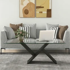 Tangkula Rectangle Glass Coffee Table, 47” Modern Center Table with Tempered Glass Tabletop & Geometric Rubber Wood Frame
