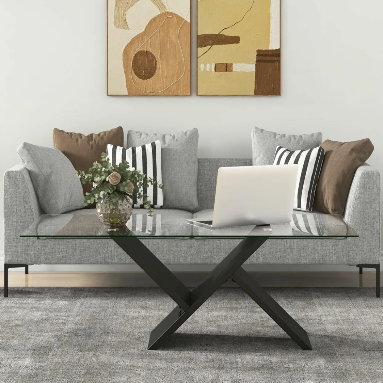 Tangkula Rectangle Glass Coffee Table, 47” Modern Center Table with Tempered Glass Tabletop & Geometric Rubber Wood Frame