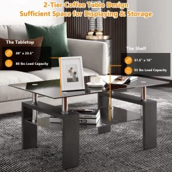 Tangkula Rectangle Glass Coffee Table, 2-Tier Tea Table w/Tempered Glass Tabletop & Stainless Steel Tube