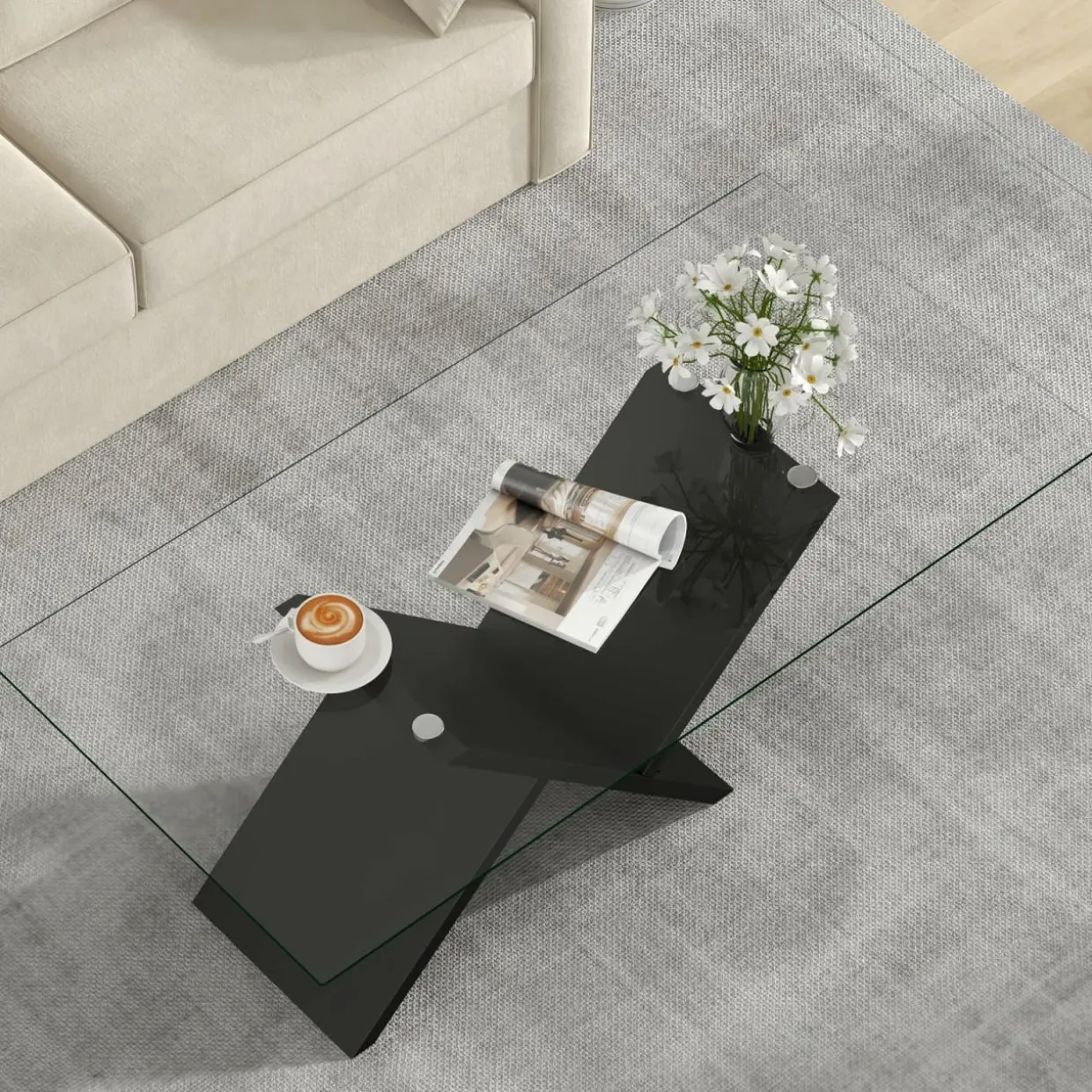 Tangkula Rectangle Glass Coffee Table, 47” Modern Center Table with Tempered Glass Tabletop & Geometric Rubber Wood Frame