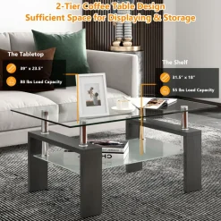 Tangkula Rectangle Glass Coffee Table, 2-Tier Tea Table w/Tempered Glass Tabletop & Stainless Steel Tube