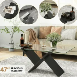 Tangkula Rectangle Glass Coffee Table, 47” Modern Center Table with Tempered Glass Tabletop & Geometric Rubber Wood Frame