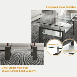 Tangkula Rectangle Glass Coffee Table, 2-Tier Tea Table w/Tempered Glass Tabletop & Stainless Steel Tube