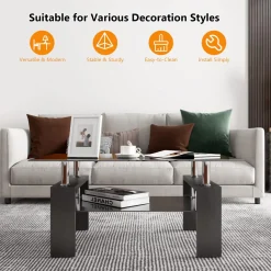 Tangkula Rectangle Glass Coffee Table, 2-Tier Tea Table w/Tempered Glass Tabletop & Stainless Steel Tube