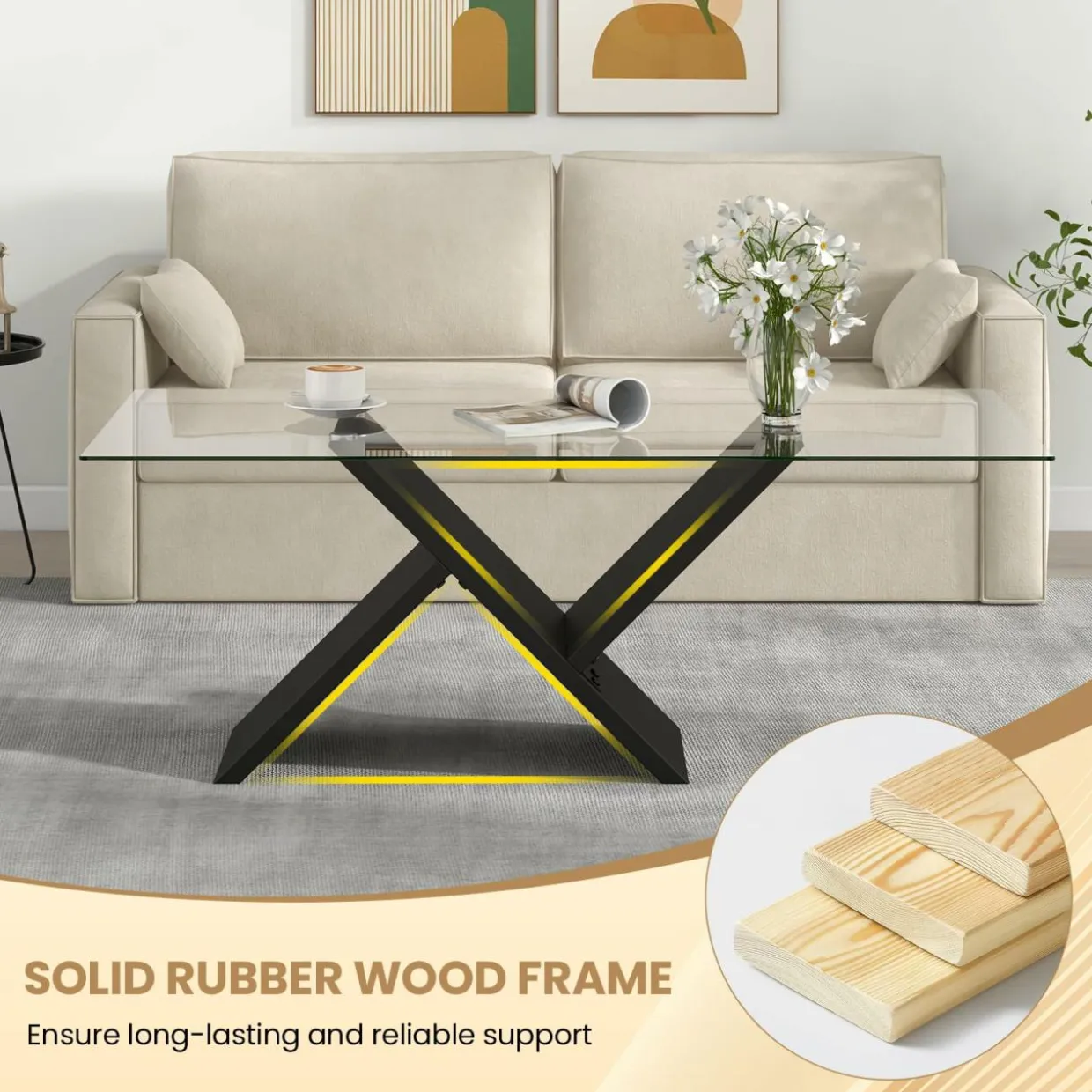 Tangkula Rectangle Glass Coffee Table, 47” Modern Center Table with Tempered Glass Tabletop & Geometric Rubber Wood Frame