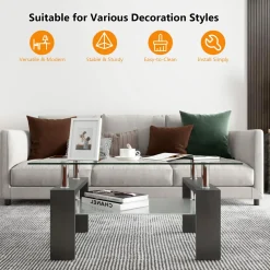Tangkula Rectangle Glass Coffee Table, 2-Tier Tea Table w/Tempered Glass Tabletop & Stainless Steel Tube