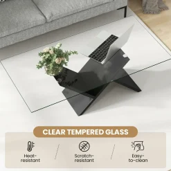 Tangkula Rectangle Glass Coffee Table, 47” Modern Center Table with Tempered Glass Tabletop & Geometric Rubber Wood Frame