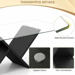 Tangkula Rectangle Glass Coffee Table, 47” Modern Center Table with Tempered Glass Tabletop & Geometric Rubber Wood Frame