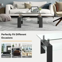 Tangkula Rectangle Glass Coffee Table, 2-Tier Tea Table w/Tempered Glass Tabletop & Stainless Steel Tube
