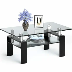 Tangkula Rectangular Glass Coffee Table, Modern Side Coffee Table