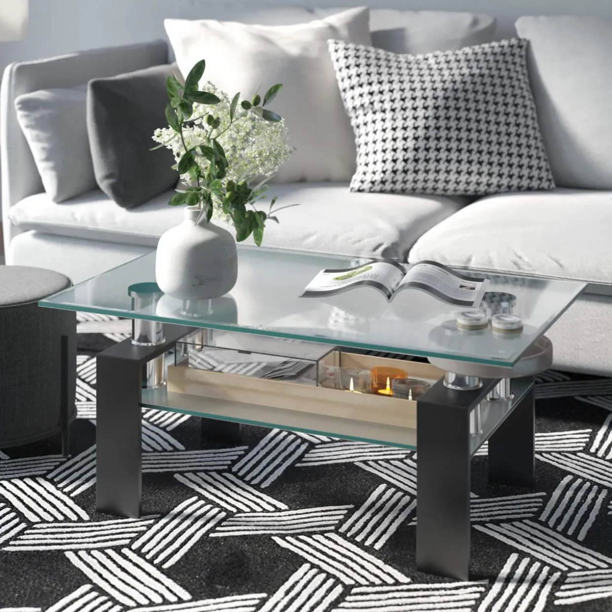 Tangkula Rectangular Glass Coffee Table, Modern Side Coffee Table