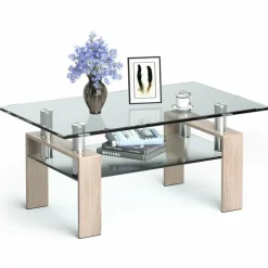 Tangkula Rectangular Glass Coffee Table, Modern Side Coffee Table