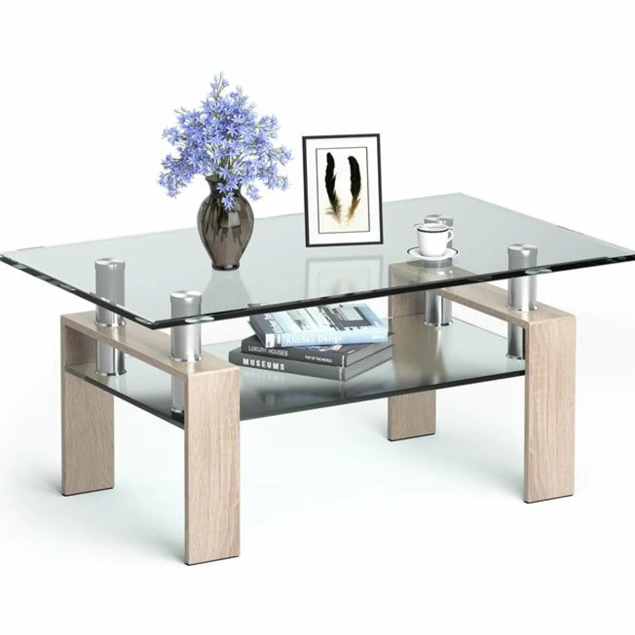 Tangkula Rectangular Glass Coffee Table, Modern Side Coffee Table