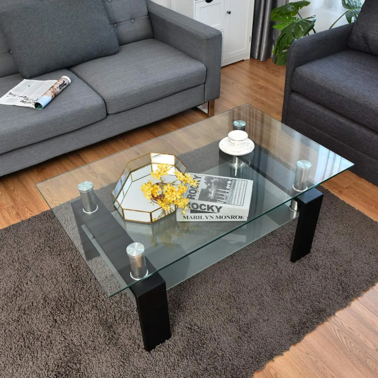 Tangkula Rectangular Glass Coffee Table, Modern Side Coffee Table