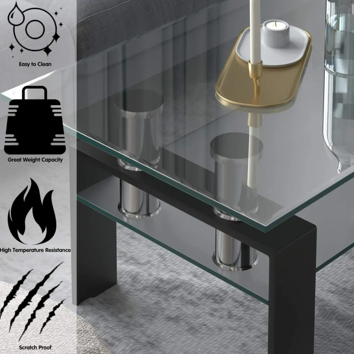 Tangkula Rectangular Glass Coffee Table, Modern Side Coffee Table