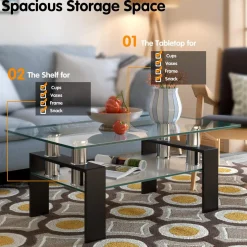 Tangkula Rectangular Glass Coffee Table, Modern Side Coffee Table