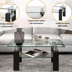Tangkula Rectangular Glass Coffee Table, Modern Side Coffee Table