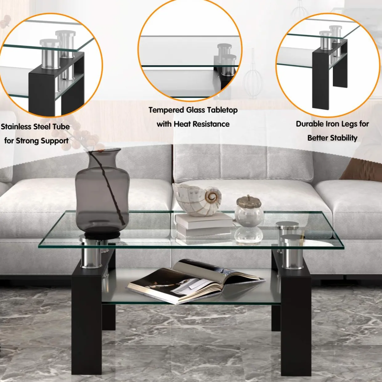 Tangkula Rectangular Glass Coffee Table, Modern Side Coffee Table