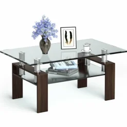 Tangkula Rectangular Glass Coffee Table, Modern Side Coffee Table