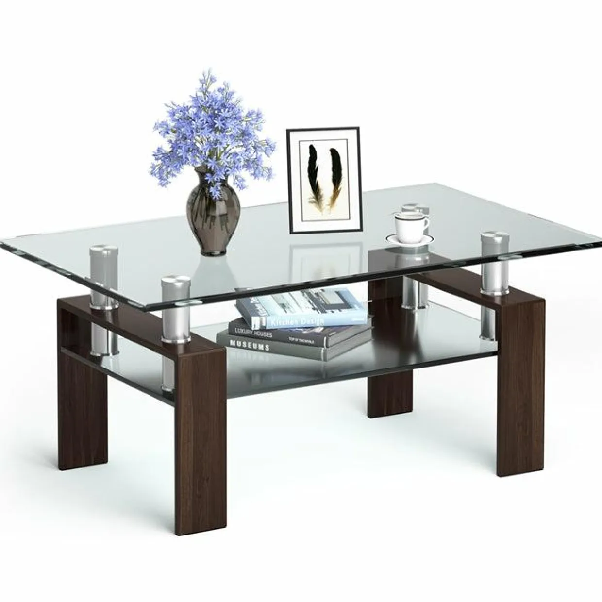 Tangkula Rectangular Glass Coffee Table, Modern Side Coffee Table