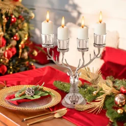Tangkula Reindeer Candle Holder, Deer Christmas Ornament for 4 Candles, Aluminum Table Christmas Decoration for Tealight