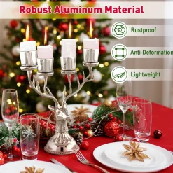 Tangkula Reindeer Candle Holder, Deer Christmas Ornament for 4 Candles, Aluminum Table Christmas Decoration for Tealight