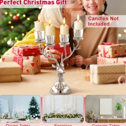 Tangkula Reindeer Candle Holder, Deer Christmas Ornament for 4 Candles, Aluminum Table Christmas Decoration for Tealight