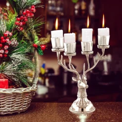 Tangkula Reindeer Candle Holder, Deer Christmas Ornament for 4 Candles, Aluminum Table Christmas Decoration for Tealight