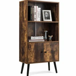 Tangkula Retro Bookcase, Industrial 2 Tier Bookshelf with Doors & Solid Wood Legs(Rustic Brown)