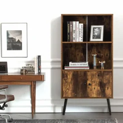 Tangkula Retro Bookcase, Industrial 2 Tier Bookshelf with Doors & Solid Wood Legs(Rustic Brown)