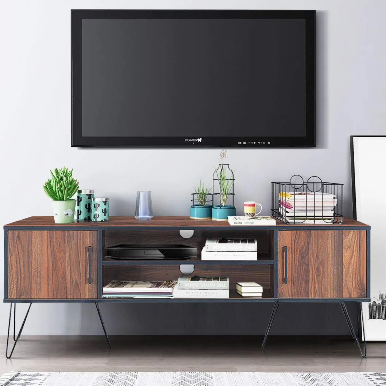Tangkula Retro TV Stand for 60'' TV, Modern Entertainment Center for Flat Screen TV Cable Box Gaming Consoles(Walnut)