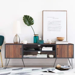 Tangkula Retro TV Stand for 60'' TV, Modern Entertainment Center for Flat Screen TV Cable Box Gaming Consoles(Walnut)