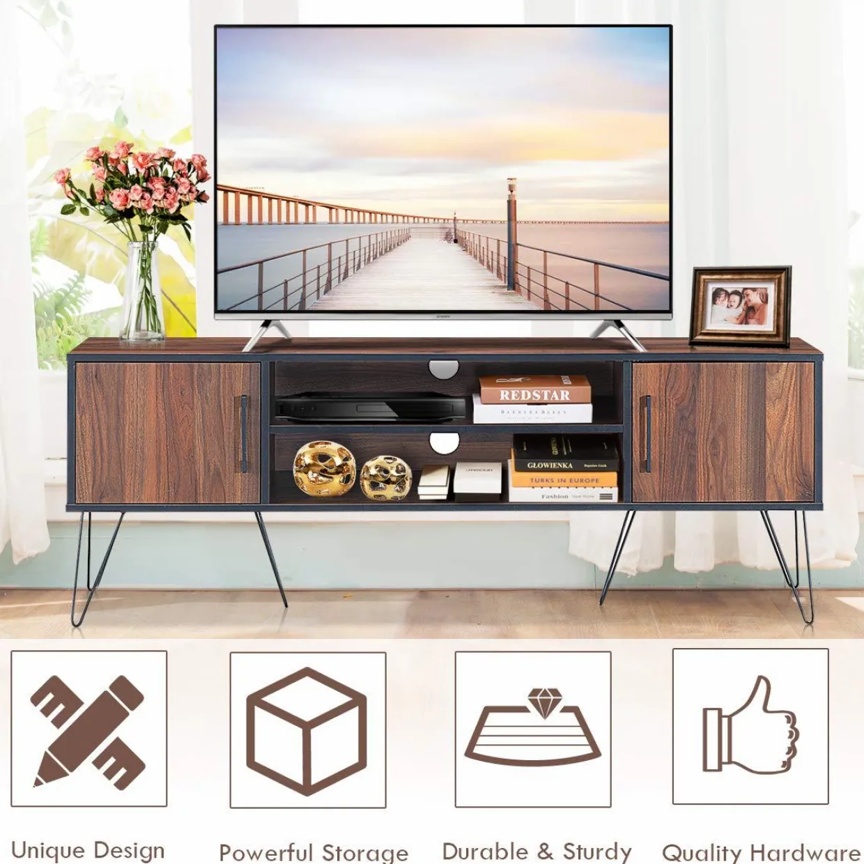 Tangkula Retro TV Stand for 60'' TV, Modern Entertainment Center for Flat Screen TV Cable Box Gaming Consoles(Walnut)