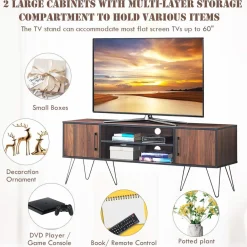 Tangkula Retro TV Stand for 60'' TV, Modern Entertainment Center for Flat Screen TV Cable Box Gaming Consoles(Walnut)
