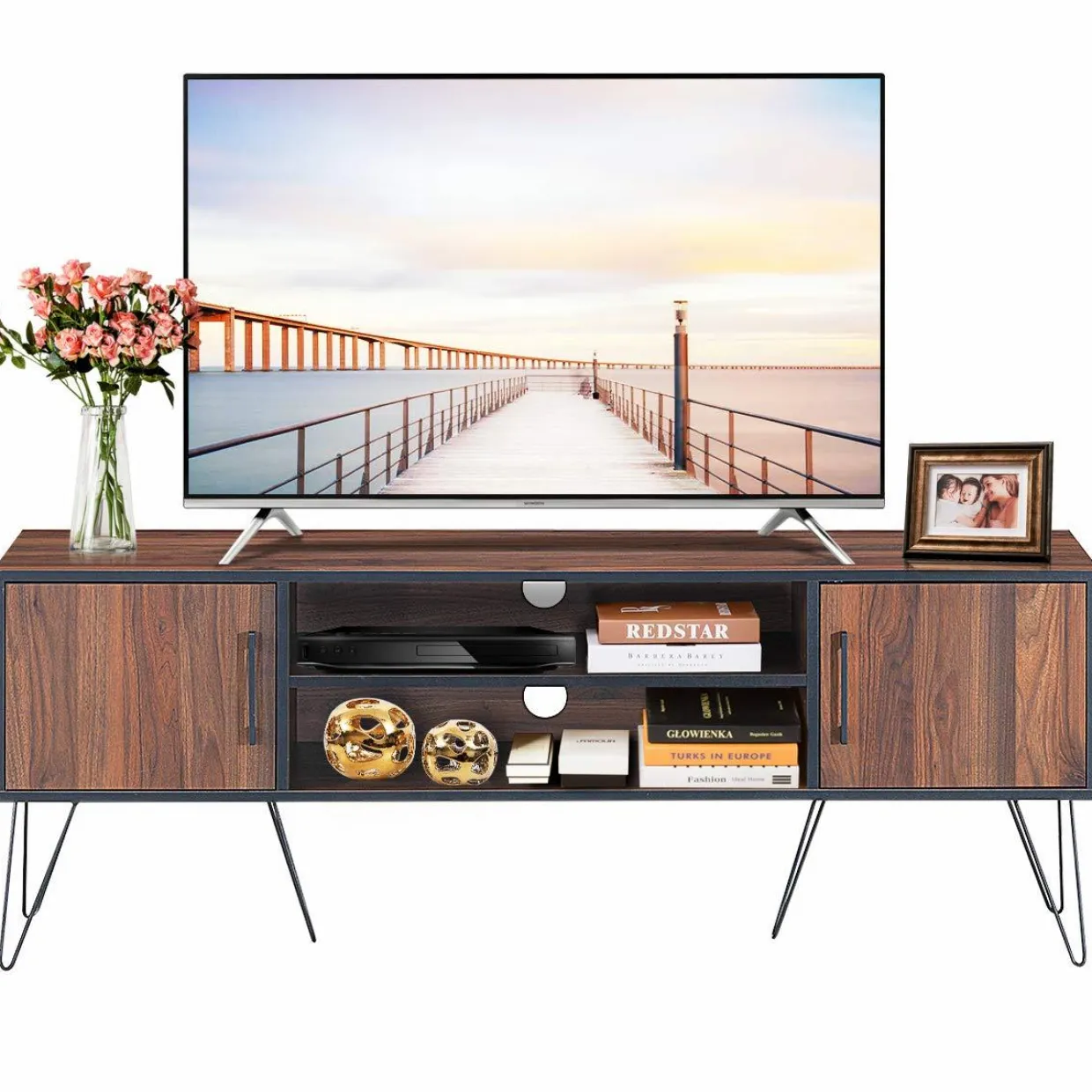 Tangkula Retro TV Stand for 60'' TV, Modern Entertainment Center for Flat Screen TV Cable Box Gaming Consoles(Walnut)