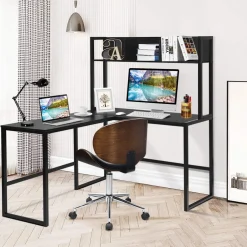 Tangkula Reversible L-Shaped Desk with Hutch, Space Saving Corner Computer Desk with Storage Bookshelf