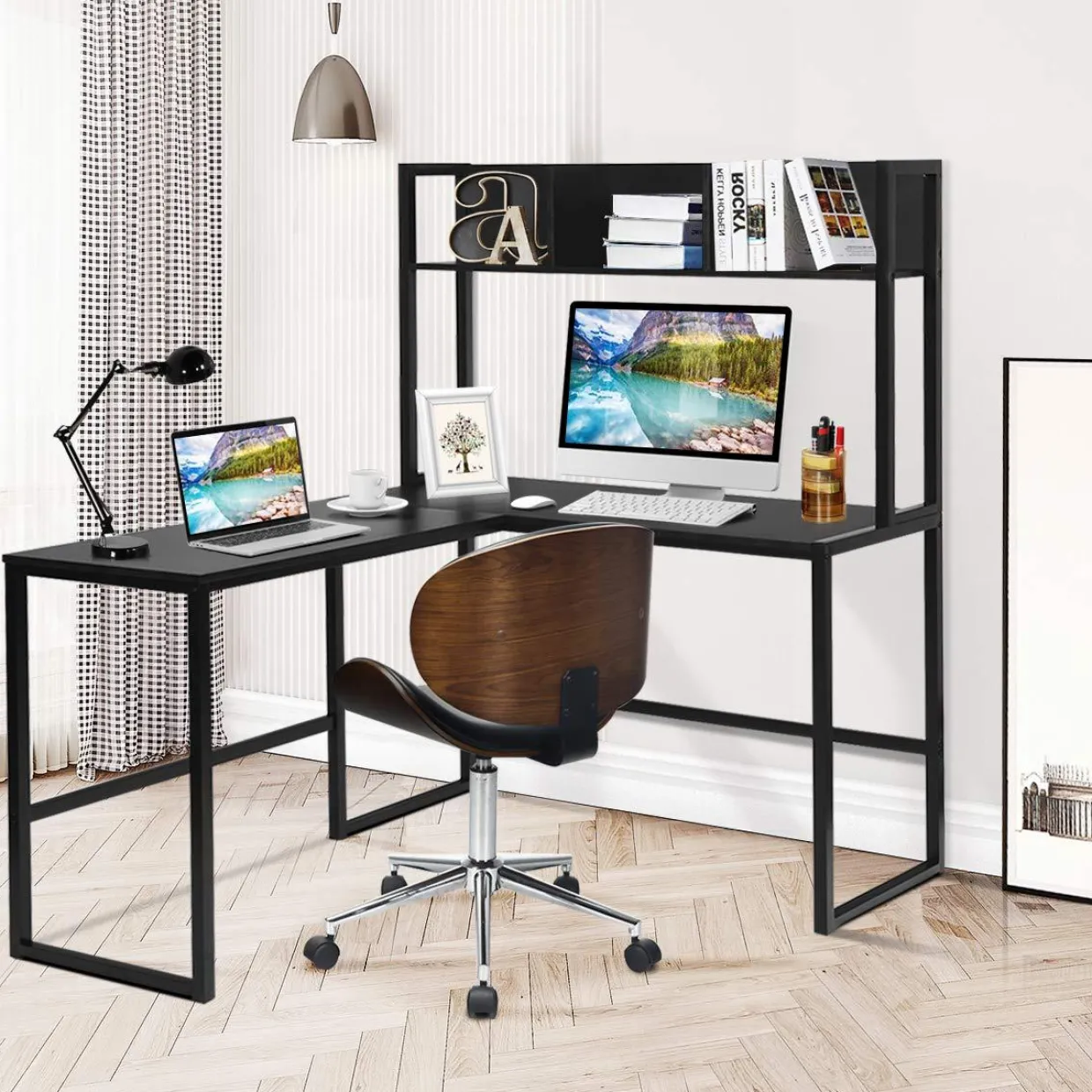 Tangkula Reversible L-Shaped Desk with Hutch, Space Saving Corner Computer Desk with Storage Bookshelf