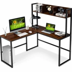 Tangkula Reversible L-Shaped Desk with Hutch, Space Saving Corner Computer Desk with Storage Bookshelf