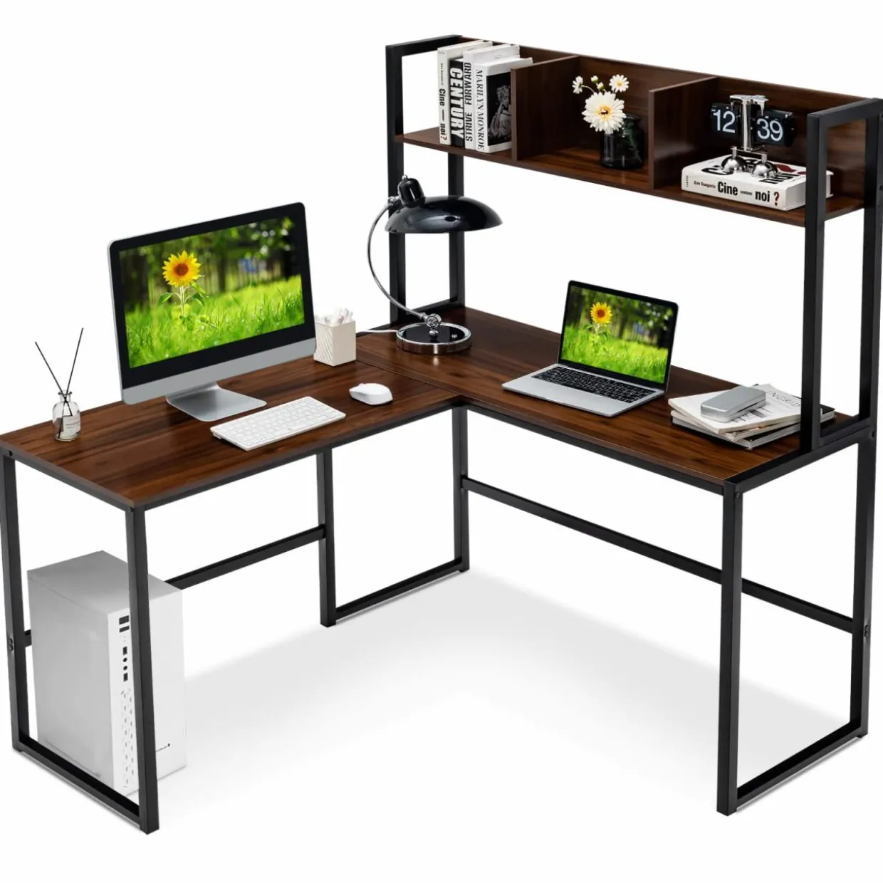 Tangkula Reversible L-Shaped Desk with Hutch, Space Saving Corner Computer Desk with Storage Bookshelf